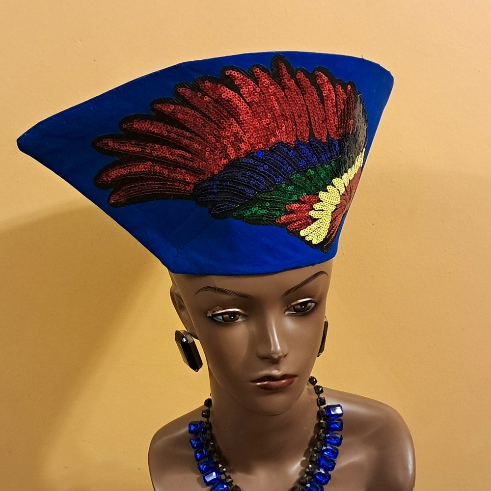 NEW HANDMADE ROYAL BLUE WRAP HAT SEQUIN ANGEL WING 24"